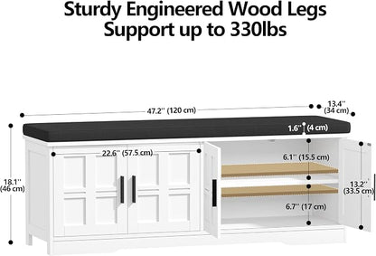 Akxomel Shoe Bench with Storage, 47.2" Entryway Bench with Padded Cushion, 2-Tier Shoe Cabinet Bench with Adjustable Shelves and 4 Cross Molding Doors, for Hallway, Living Room, Bedroom, White