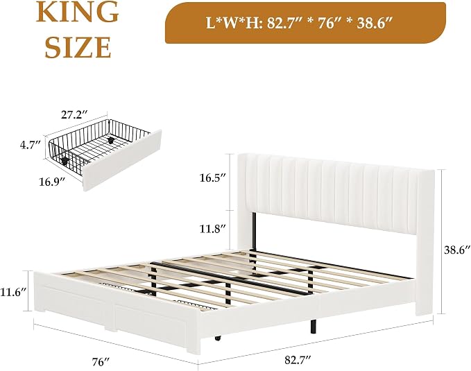 GAOMON King Size Velvet Upholstered Platform Bed with Storage Drawers, Wingback Headboard, No Box Spring Needed, Cream White