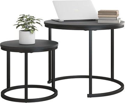 HOJINLINERO Round Coffee Table,Nesting Coffee Table Set of 2,Center Tables for Living Room,Office, Home Small Space,Stacking Side Tables,Sturdy and Easy Assembly,Wood Desktop,Black,Small