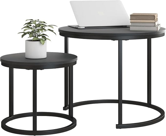 HOJINLINERO Round Coffee Table,Nesting Coffee Table Set of 2,Center Tables for Living Room,Office, Home Small Space,Stacking Side Tables,Sturdy and Easy Assembly,Wood Desktop,Black,Small