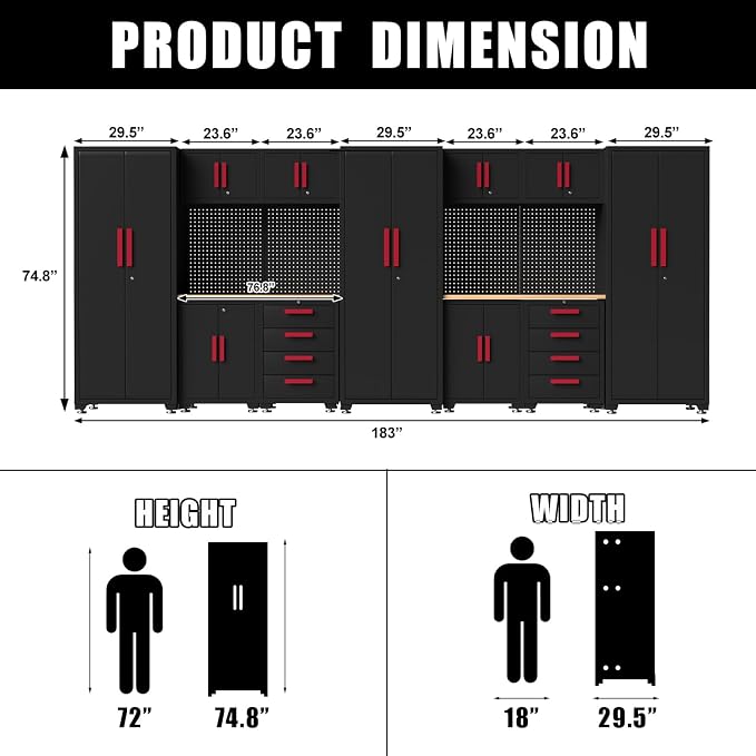 Garage Storage Cabinet System, 13Pcs Garage Cabinets and Storage System Corner Workshop Set with Corner Cabinet, Cabinet Drawers, Workbench, Pegboard for Tool Organization, Black Red