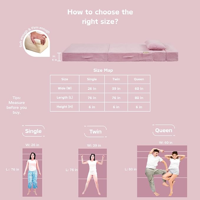 Folding Sofa Bed, 4 in 1 Convertible Sleeper Chair with Pillow, Single Memory Foam Fold Out Chair Bed, Modern Floor Futon Sofa Couch Mattress for Living Room/Guest/Apartment, Pink