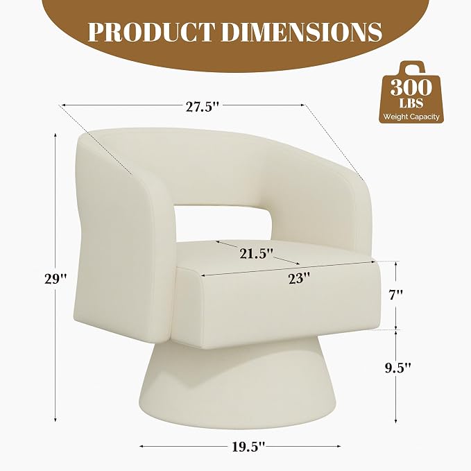 Luxanimarion Swivel Barrel Accent Chair,Oversized Chenille Upholstered Round Swivel Chair,Modern Luxury 360 Degree Living Room Vanity Chair for Bedroom Office,White,2PCS