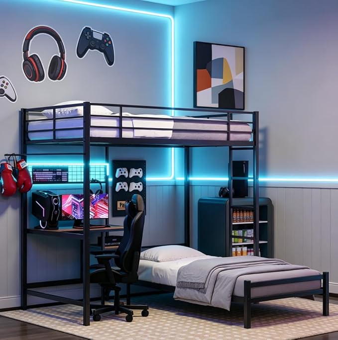 Bellemave Twin Over Twin bunk Bed with Desk and LED Charging Station, loft Bed with Desk and Shelves, Metal Bunk Beds with Storage, Black
