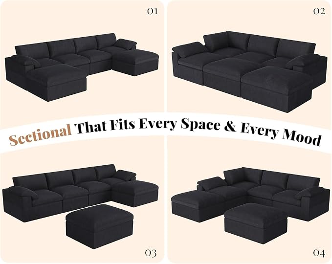 Jocisland 153" Cloud Couch Sectional, No-Assembly Modular Sectional Sofa with 76.4 inch Deep Chaise, Oversize Cloud Couch for Living Room, Black Chenille