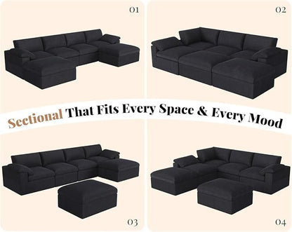 Jocisland 153" Cloud Couch Sectional, No-Assembly Modular Sectional Sofa with 76.4 inch Deep Chaise, Oversize Cloud Couch for Living Room, Black Chenille