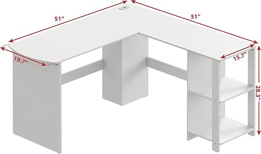 SHW 51 x 51 Inches L-Shaped Home Office Wood Corner Desk wtih Storage, White