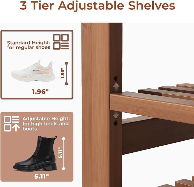 27.6" Bamboo Shoe Bench with Cushion, 3-Tier Adjustable Storage Bench for Entryway, Heavy Duty Shoe Rack Organizer with Removable Soft Cushion for Living Room Bedroom Hallway