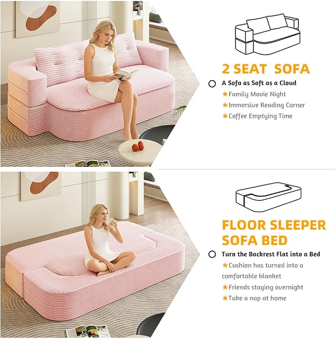 78.7" Futon Sofa Bed, 2-in-1 Foldable Sleeper Sofa, Convertible Sofa Bed with Pillows, Corduroy Couch with Multi Functional Blanket Upholstered Boneless Couches for Living Room, Creamy Pink