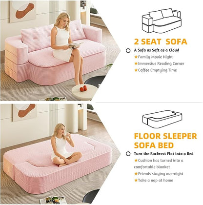 78.7" Futon Sofa Bed, 2-in-1 Foldable Sleeper Sofa, Convertible Sofa Bed with Pillows, Corduroy Couch with Multi Functional Blanket Upholstered Boneless Couches for Living Room, Creamy Pink
