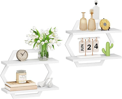CHOEZON Hexagon Floating Shelves for Wall, Set of 2, 2 -Tier Hanging Shelves, Wall Mounted Storage Shelves, for Living Room, Bedroom, Kitchen, Home Office, Study, White TBJ06P2WB