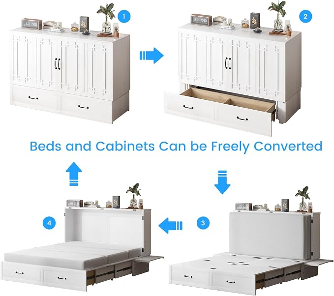 PUREMIND Queen Murphy Bed with Mattress Included, Solid Wood Cabinet Bed with Storage Drawer, USB Charging Ports and Folding Tray, Space Saving Hideaway Murphy Beds Cabinet for Guest Room