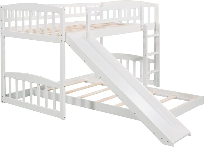 Twin Over Twin Bunk Bed, Wood Bunk Bed with Slide and Ladder, White