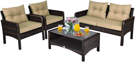 Tangkula 4 Piece Patio Furniture Set, Outdoor Wicker Conversation Set with Glass Top Coffee Table, All Weather Proof and Thick Cushions, Suitable for Porch, Garden, Poolside and Lawn (Brown)