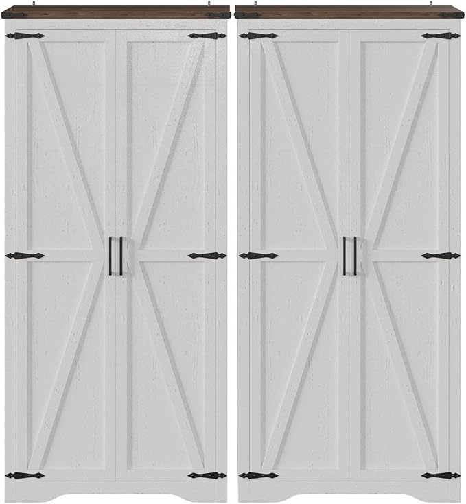 Befrases Set of 2 Farmhouse Storage Cabinet with Adjustable Shelves, Large Pantry Organize with 2 Barn Doors, Freestanding Cabinet for Kitchen, Garage, Basement, Living, Utility Room, Off-White