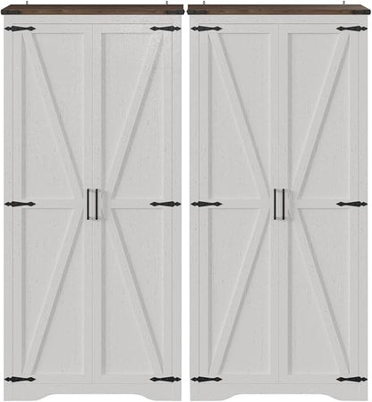 Befrases Set of 2 Farmhouse Storage Cabinet with Adjustable Shelves, Large Pantry Organize with 2 Barn Doors, Freestanding Cabinet for Kitchen, Garage, Basement, Living, Utility Room, Off-White