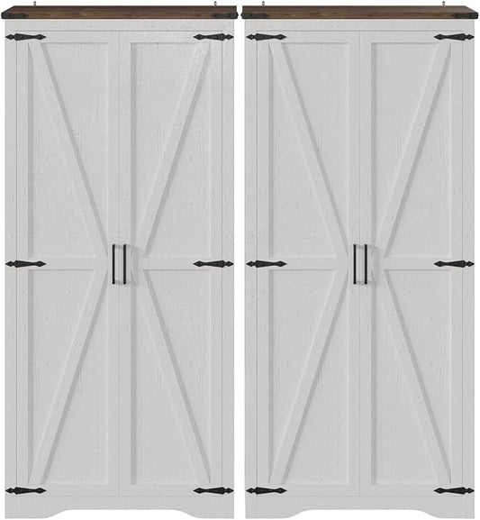 Befrases Set of 2 Farmhouse Storage Cabinet with Adjustable Shelves, Large Pantry Organize with 2 Barn Doors, Freestanding Cabinet for Kitchen, Garage, Basement, Living, Utility Room, Off-White
