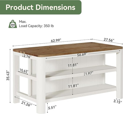 63-Inch Solid Wood Kitchen Island with Storage Shelves, Farmhouse Island Table with Seating, Counter Height Bar Table for Dining Room, Kitchen, Easy to Assemble, Brown and White