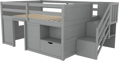 Bellemave Full Size Low loft Bed for Kids,Wood Loft Beds,Modern Farmhouse Full loft Bed,Loft Bed with Desk and Storage, No Box Spring Needed,for Kids, Gray