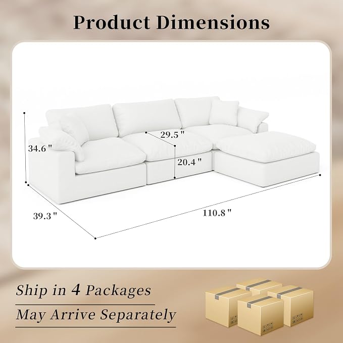 Modular Sectional Sofa Cloud Couch,Down Filled Comfy Cloud Modern Sofa,White Linen L Shape Oversized Couch Cushion Covers Removable Furniture for Living Room