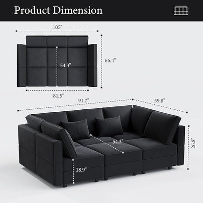 Vesgantti Modular Sectional Sofa with Storage, 92" Sofa Bed with 6 Seats Storage Chaises Removable Cover, Deep Seat Modular Couches Velvet Couch Set for Living Room, Apartment, Home Theater, Black