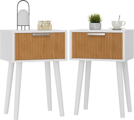 YMYNY Narrow Fluted Nightstand Set of 2, Small End Table, Modern Coffee Table with Drawer, Solid Wood Legs, Retaining Chain, for Bedroom and Small Spaces, White and Natural UHST014WN-2