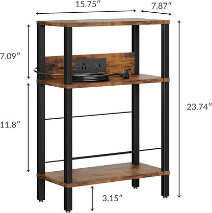 DGSANDGO Narrow Side Table (Rustic Brown) - Nightstand with Charging Station (2 USB + 1 AC Outlet), 3-Tier End Table for Balcony/Kid's Room/Bedroom