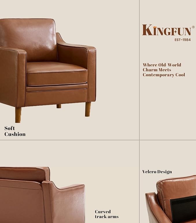 Kingfun Accent Chair Set of 2, Living Room Chairs, Faux Leather Reading Armchair, Mid Century with Solid Wood Foot, Upholstered Modern Decor for Bedroom, Apartment