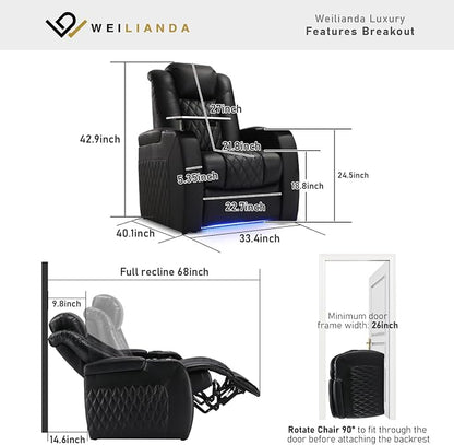 Weilianda Home Theater Seating Top Grain Leather Zero Gravity Recliner Chair Power Headrest Recline Movie Seat Gaming 7 Colors Mood Light Sofa with Tray Table USB Charge Row of 1 Black