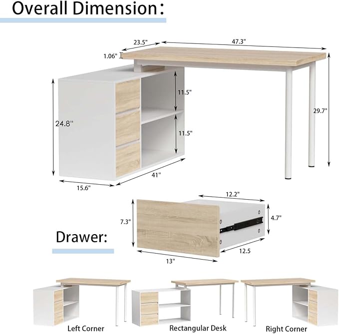Bobve L Shaped Computer Desk, 47 Inch Home Office Desk with File Drawers & Storage Shelves, Small Corner Computer Desk for Small Space (White + Walnut)