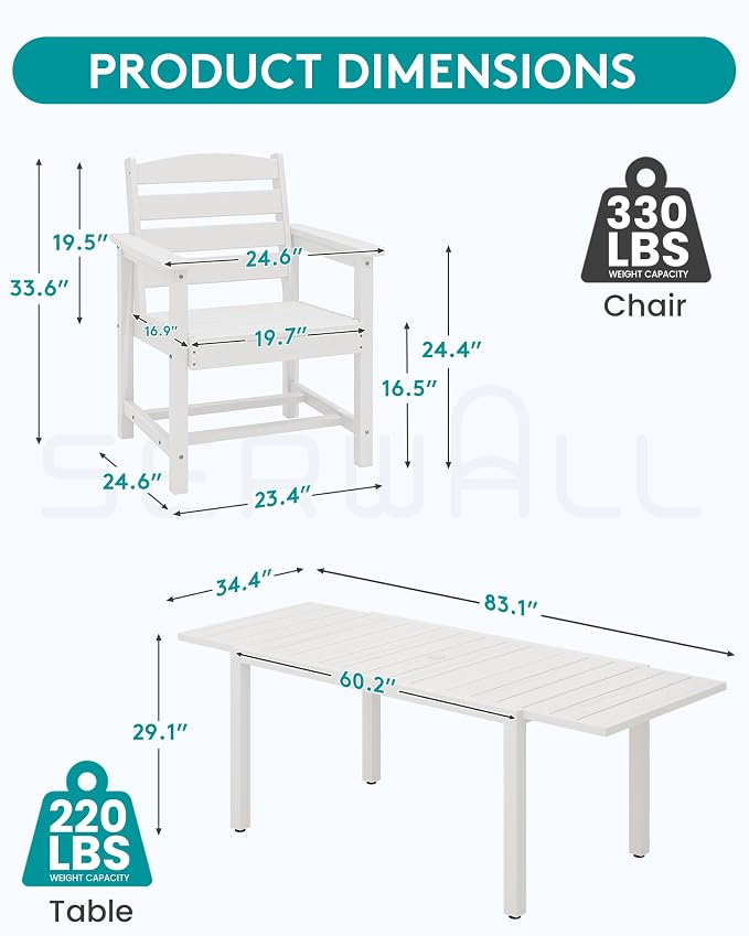SERWALL HDPE and Aluminum Outdoor Dining Set for 8, White | 60" - 83" Expandable Outdoor Dining Table and 8 HDPE Chairs, All Weather Outdoor Furniture Set
