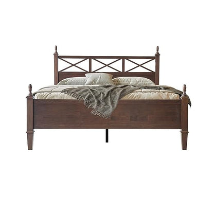 Queen Size Bed Frame with Headboard & Footboard, Solid Wood Platform Bed, Central Metal Legs, 12 Sturdy Slatted Base, Noise-Free & Anti-Slip, No Box Spring Needed, Dark Roast Oak Finish RIQ-32