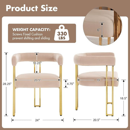 Hyfirm Velvet Dining Chairs Set of 6, Khaki Upholstered Barrel Armchairs with Gold Metal Legs for Kitchen Island, Mid Century Modern Accent Side Chairs for Dining Room and Living Room, Open-Back