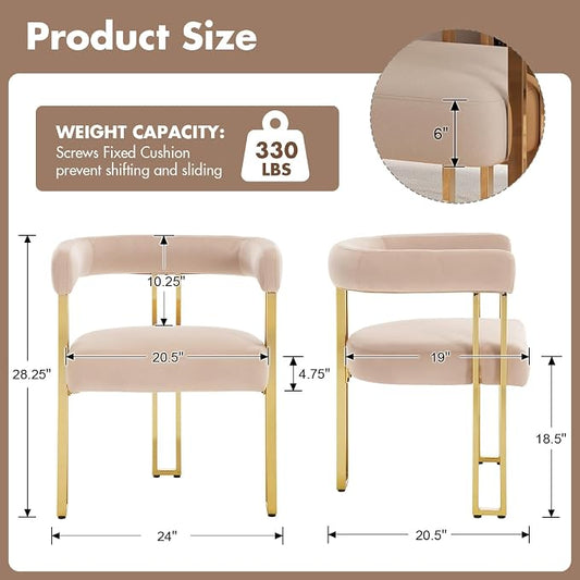 Hyfirm Velvet Dining Chairs Set of 6, Khaki Upholstered Barrel Armchairs with Gold Metal Legs for Kitchen Island, Mid Century Modern Accent Side Chairs for Dining Room and Living Room, Open-Back