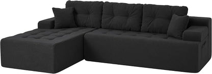 Hobestluk Modular Sectional Sofa Couches L-Shape Couch 3 Seat Modular Sofa Memory Foam Sectional Couches for Living Room, Cloud Couch with Oversized Chaise (Black Tufted, 108", Left Hand Facing)