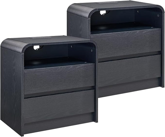 Aitjunz 25" Tall Modern Nightstand Set of 2, 23.6'' Wide Wood Bedside Table w/2 Storage Drawers, Charging Station, Mid Century End Table for Bedroom, Living Room,Curved Profile Design, Black