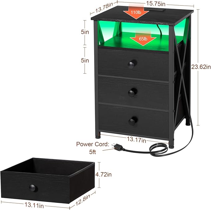AMHANCIBLE Nightstands Set of 2, LED Night Stand with Charging Station, End Side Tables with USB Port & Outlet, Bedside Table with Fabric Drawers for Bedroom, Black, HET053LBK