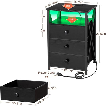 AMHANCIBLE Nightstands Set of 2, LED Night Stand with Charging Station, End Side Tables with USB Port & Outlet, Bedside Table with Fabric Drawers for Bedroom, Black, HET053LBK