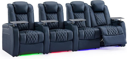 Weilianda Home Theater Seating Top Grain Leather Zero Gravity Recliner Chair Power Headrest Recline Movie Seat Gaming 7 Colors Mood Light Sofa with Tray Table USB Charge Row of 4 Loveseat Right Blue