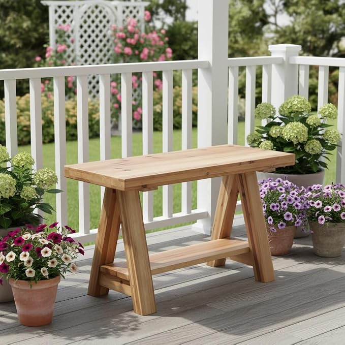 Farmhouse Solid Wood Entryway Bench, 30 Inch Small Narrow Storage Bench with Shelf, Rustic Wooden Shoe Bench for Entryway, Mudroom, or Hallway Seating, Natural