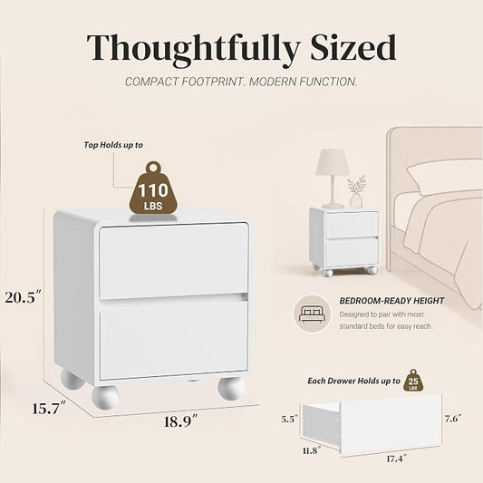 Furniway White Nightstand Set of 2, Modern 2 Drawer Bedside Table with Curved Profile Design and Handle-Free Drawers, Modern End Table with Storage for Bedroom