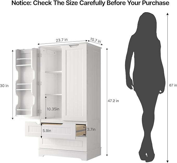 Gizoon Kitchen Pantry Cabinet with Drawers for Ding Room, 47" Small Food Pantry Storage Cabinet with 6 Door Shelves for Snack and Spice, Craft Storage Cabinet for Craft Room, White, Painted