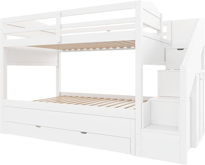 RUNNA Twin XL Bunk Bed with Trundle,Storage Stairs,Kids Bedroom,White | Twin XL bunk bed with trundle, storage stairs, solid wood frame, guardrails, no box spring needed, white, space saving