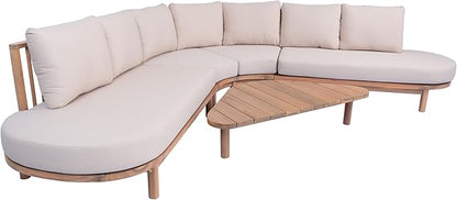 Merax 5 Piece Patio Outdoor Furniture Set, All Weather 118" Half Moon Sectional Sofa with Acacia Wood Frame & Waterproof Cushions,1 Coffee Table for Garden,Lawn,Backyard,Poolside,Beige+Light Teak