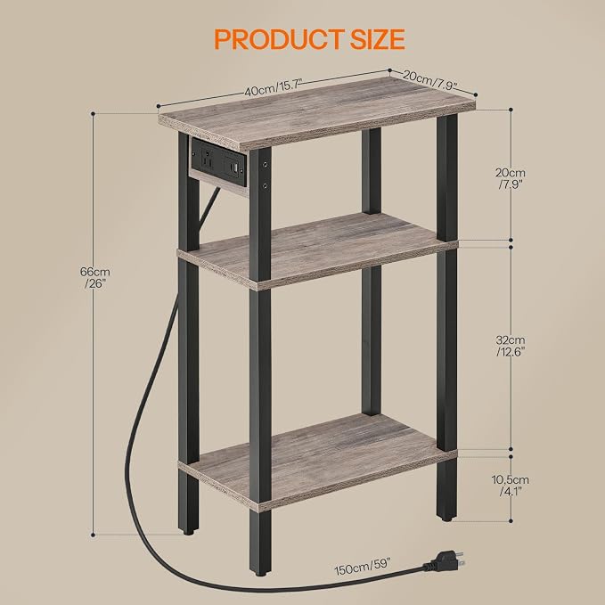 HOOBRO Narrow Side Table, 3-Tier Slim End Table with Charging Station, Skinny Nightstand with Open Storage, for Small Spaces, Living Room, Bedroom, Study, Rustic Brown and Black BG340UBZ01