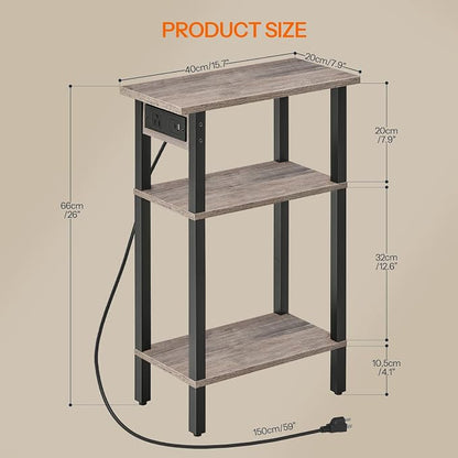 HOOBRO Narrow Side Table, 3-Tier Slim End Table with Charging Station, Skinny Nightstand with Open Storage, for Small Spaces, Living Room, Bedroom, Study, Rustic Brown and Black BG340UBZ01