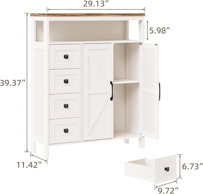 Vabches Farmhouse Storage Cabinet with 2 Doors and 4 Drawers, Freestanding Bathroom Storage Cabinets, Kitchen Pantry Cabinet, Floor Hutch Cupboard for Kitchen/Living Room/Bathroom(Unique White).