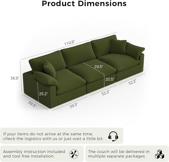 Modular Cloud Sofa,Convertible 3-Seater Set,Extra Deep Seat Down Filled Seat,Washable & Replaceable Cushion Covers for Living Room,Apartment,Green