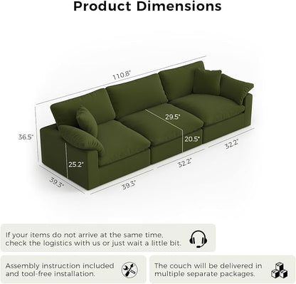 Modular Cloud Sofa,Convertible 3-Seater Set,Extra Deep Seat Down Filled Seat,Washable & Replaceable Cushion Covers for Living Room,Apartment,Green