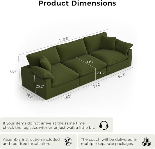 Modular Cloud Sofa,Convertible 3-Seater Set,Extra Deep Seat Down Filled Seat,Washable & Replaceable Cushion Covers for Living Room,Apartment,Green
